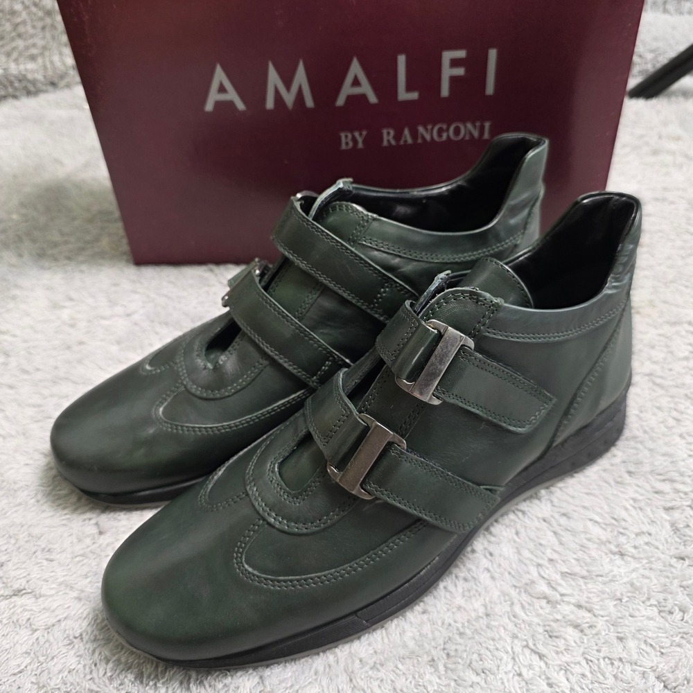 NEW Amalfi Rangoni Women's‎ Italian Leather Green 2 Buckle Loafer Shoes Retro 8M